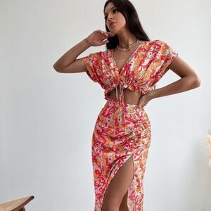 Aveloria Allover Print Cut-waist Ruched Slit Side Dress 2 Piece Sz L